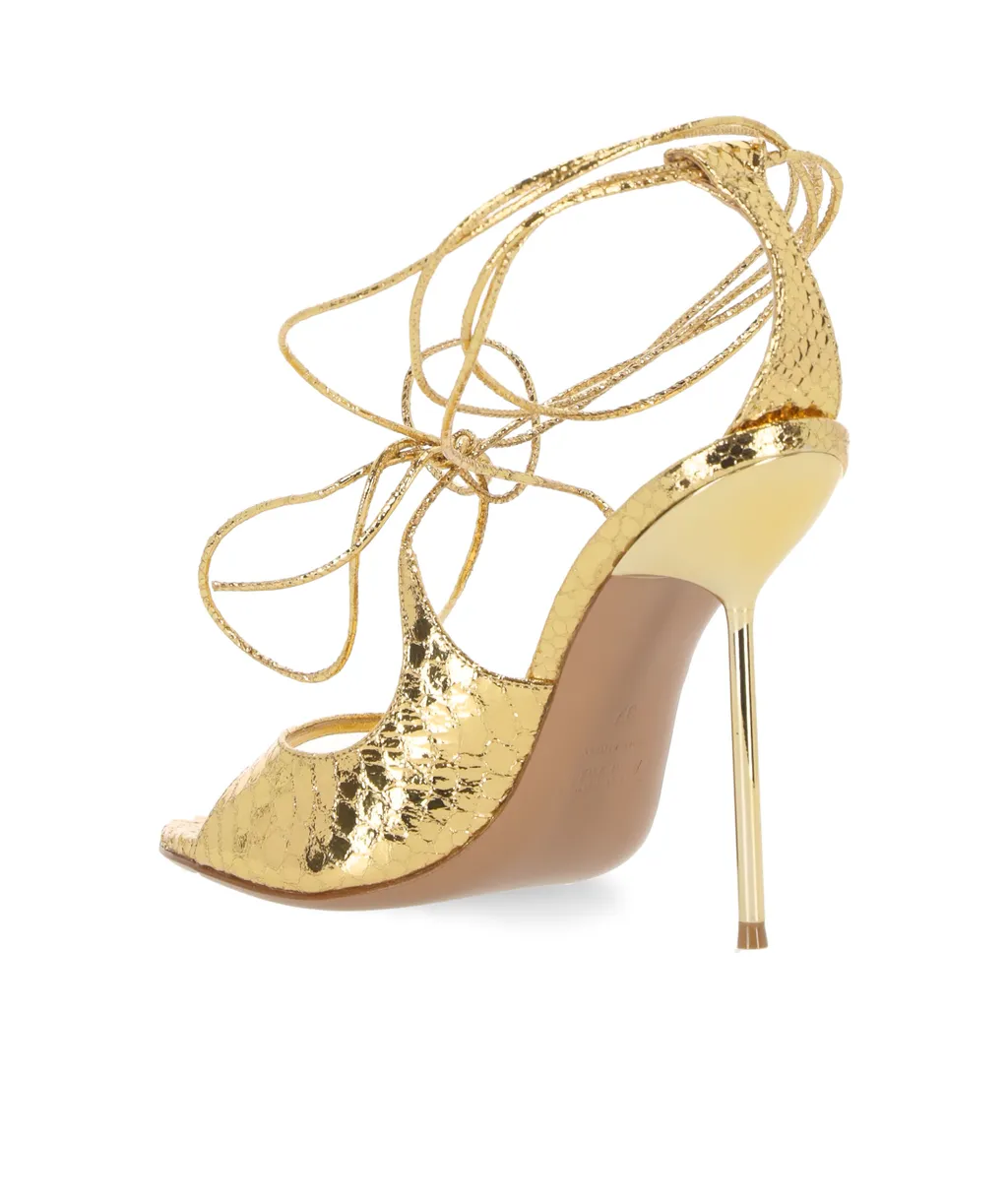 Embossed Ankle Strap Heeled Sandals
