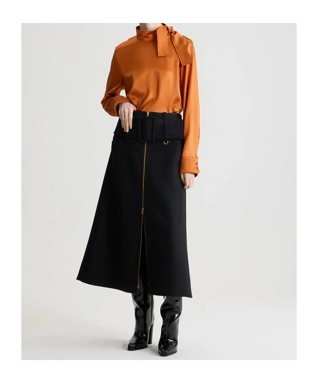 Zip-Front Belted Midi Skirt