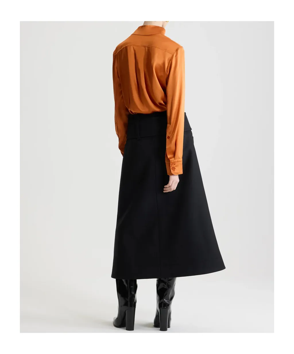 Zip-Front Belted Midi Skirt