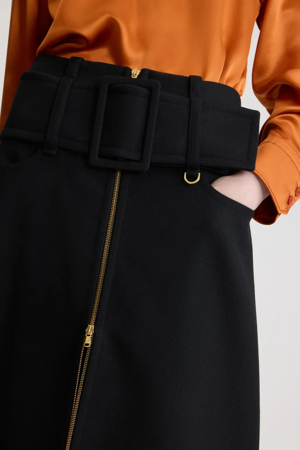 Zip-Front Belted Midi Skirt