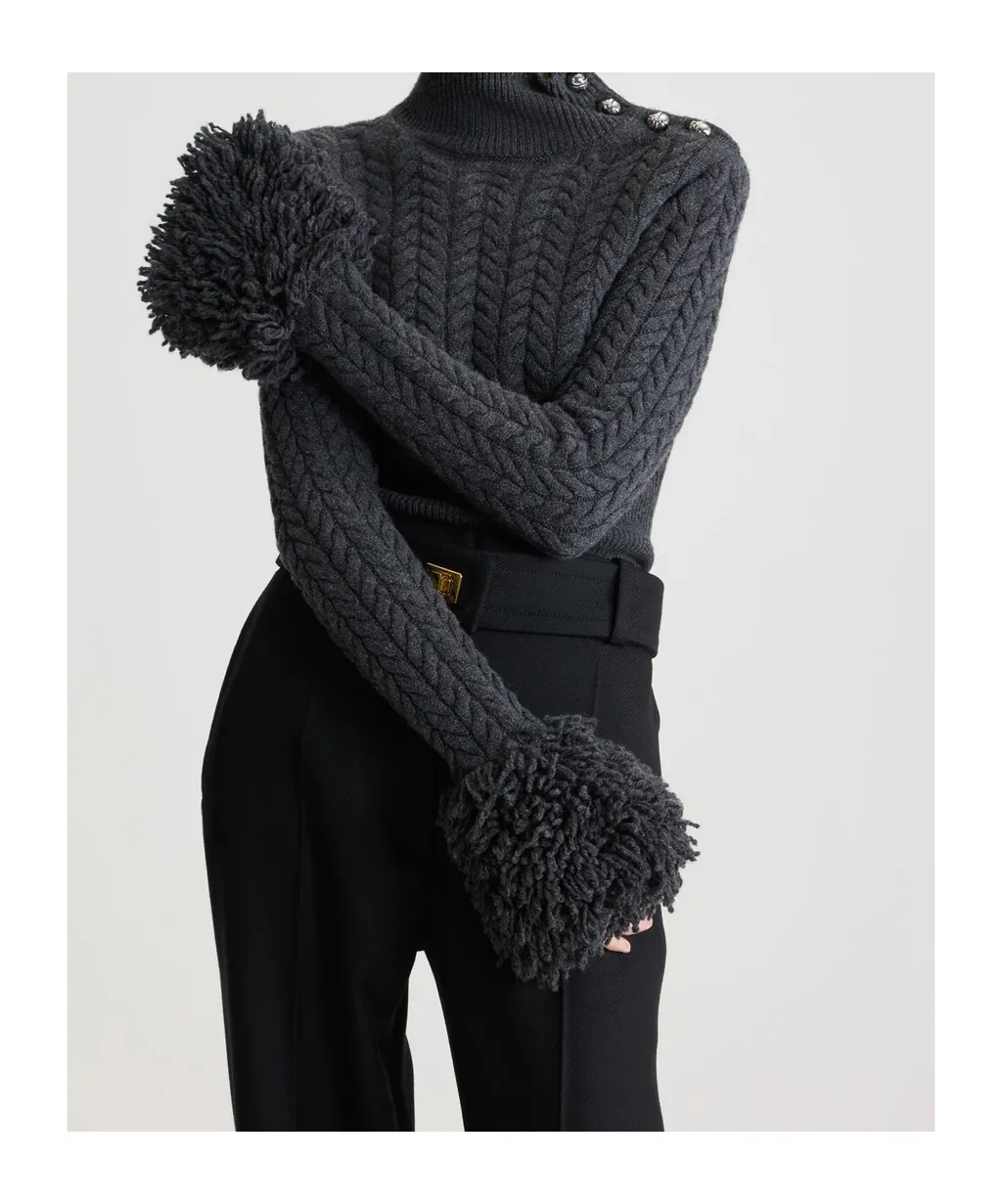 Turtleneck Fringed-Trim Knit Sweater