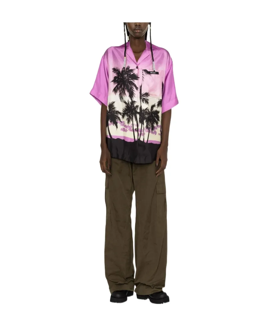 Sunset Print Button-Up Bowling Shirt