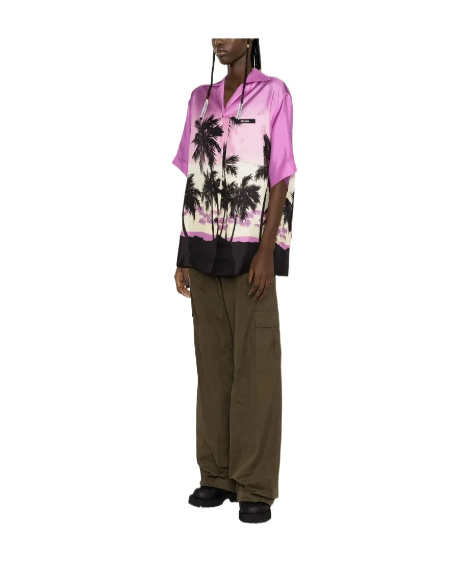 Sunset Print Button-Up Bowling Shirt