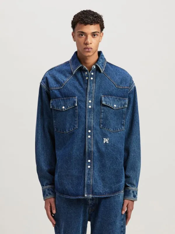 Logo-Embroidered Drop Shoulder Denim Shirt