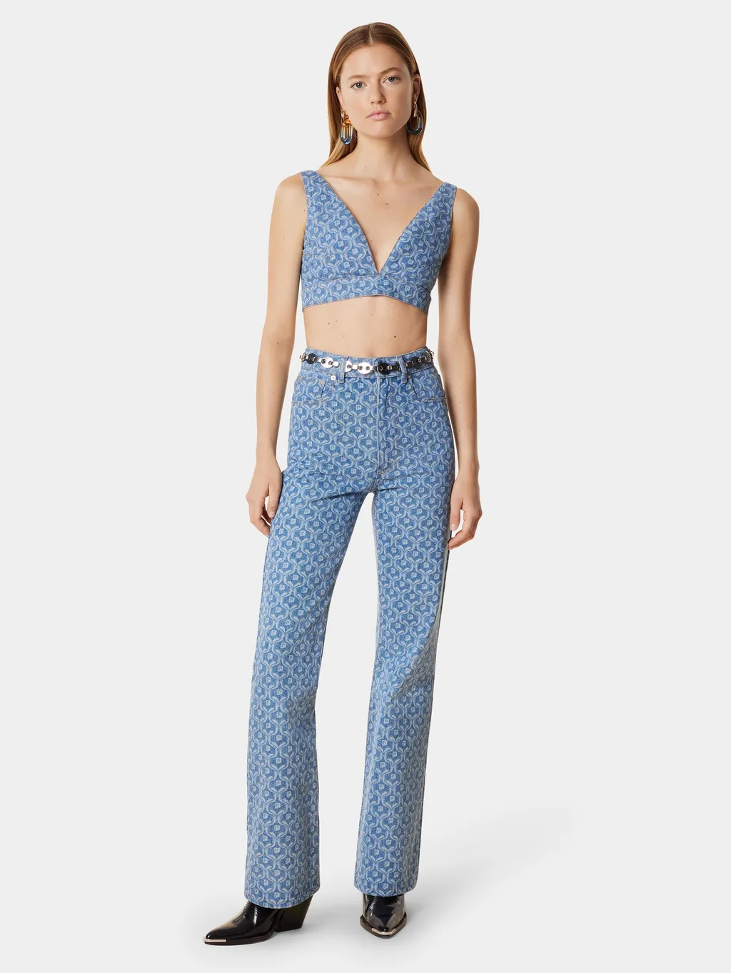 Chain-Print Cropped Denim Top