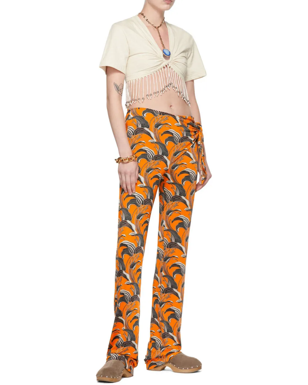 Abstract Printed Tie-Detail Trousers