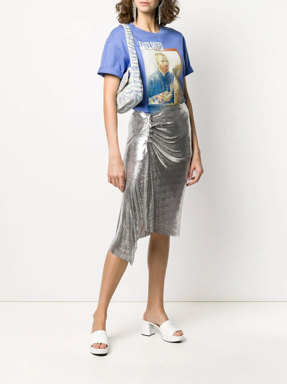 Asymmetric Metallic Ruched Midi Skirt