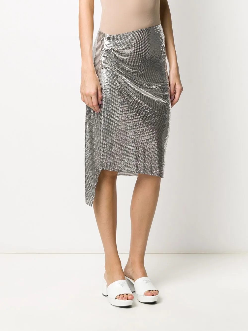 Asymmetric Metallic Ruched Midi Skirt