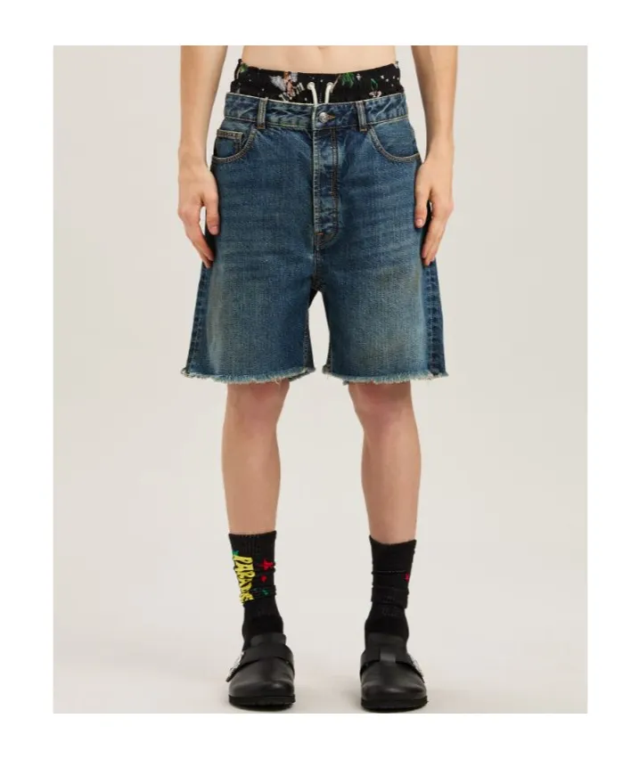 Logo Printed Frayed Hem Denim Shorts