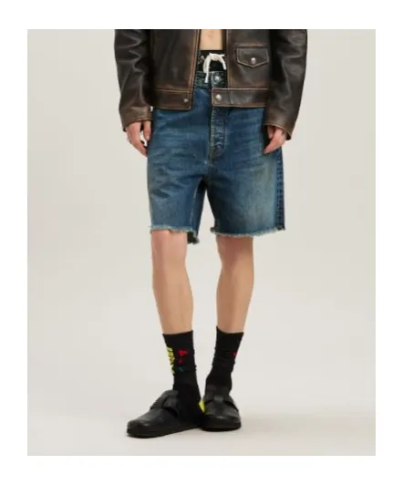 Logo Printed Frayed Hem Denim Shorts