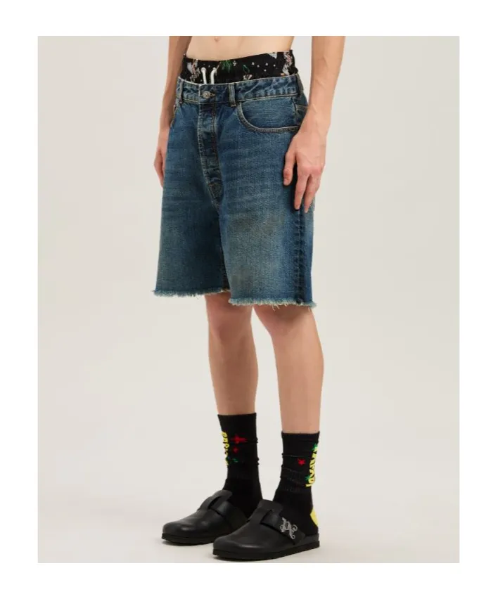 Logo Printed Frayed Hem Denim Shorts