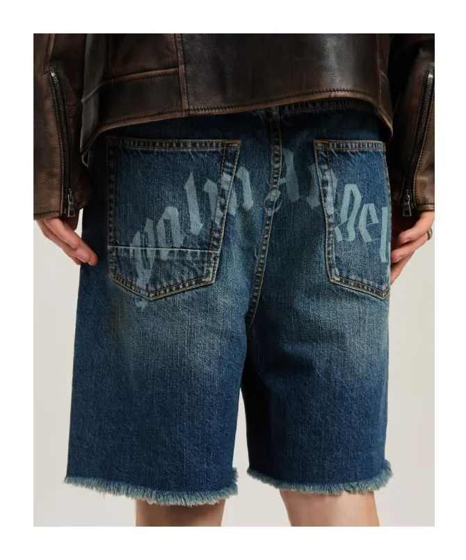 Logo Printed Frayed Hem Denim Shorts