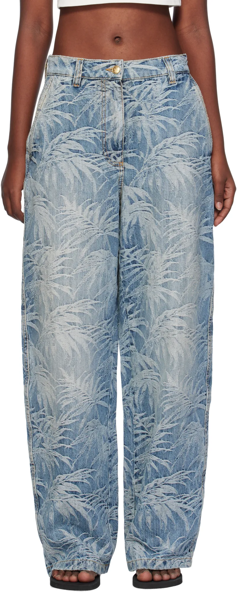Palm Tree Printed Wide Leg Jeans