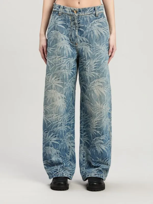 Palm Tree Printed Wide Leg Jeans