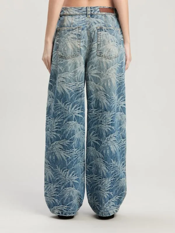Palm Tree Printed Wide Leg Jeans