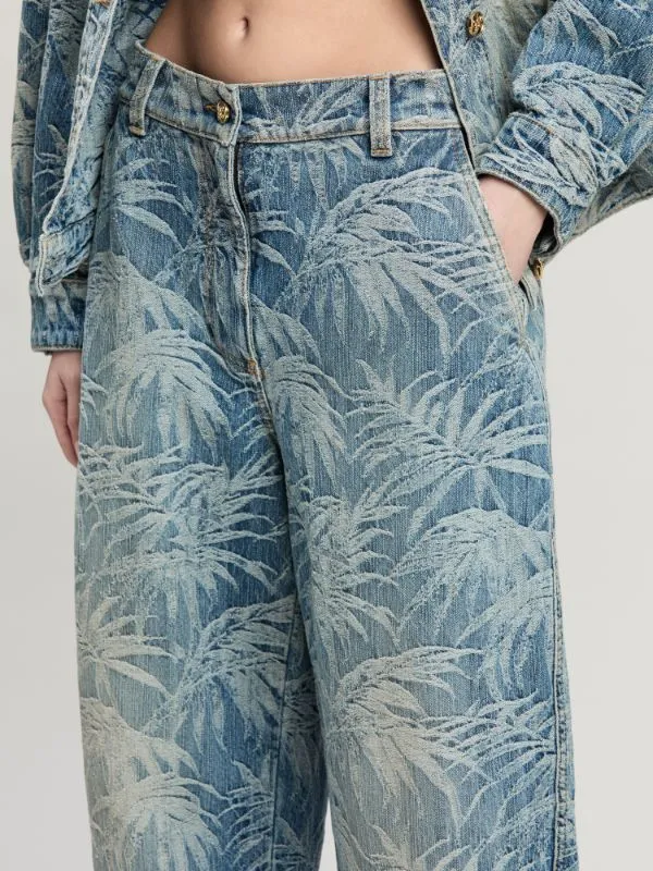 Palm Tree Printed Wide Leg Jeans