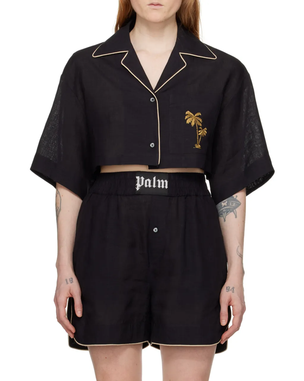 Palm Embroidered Cropped Bowling Shirt