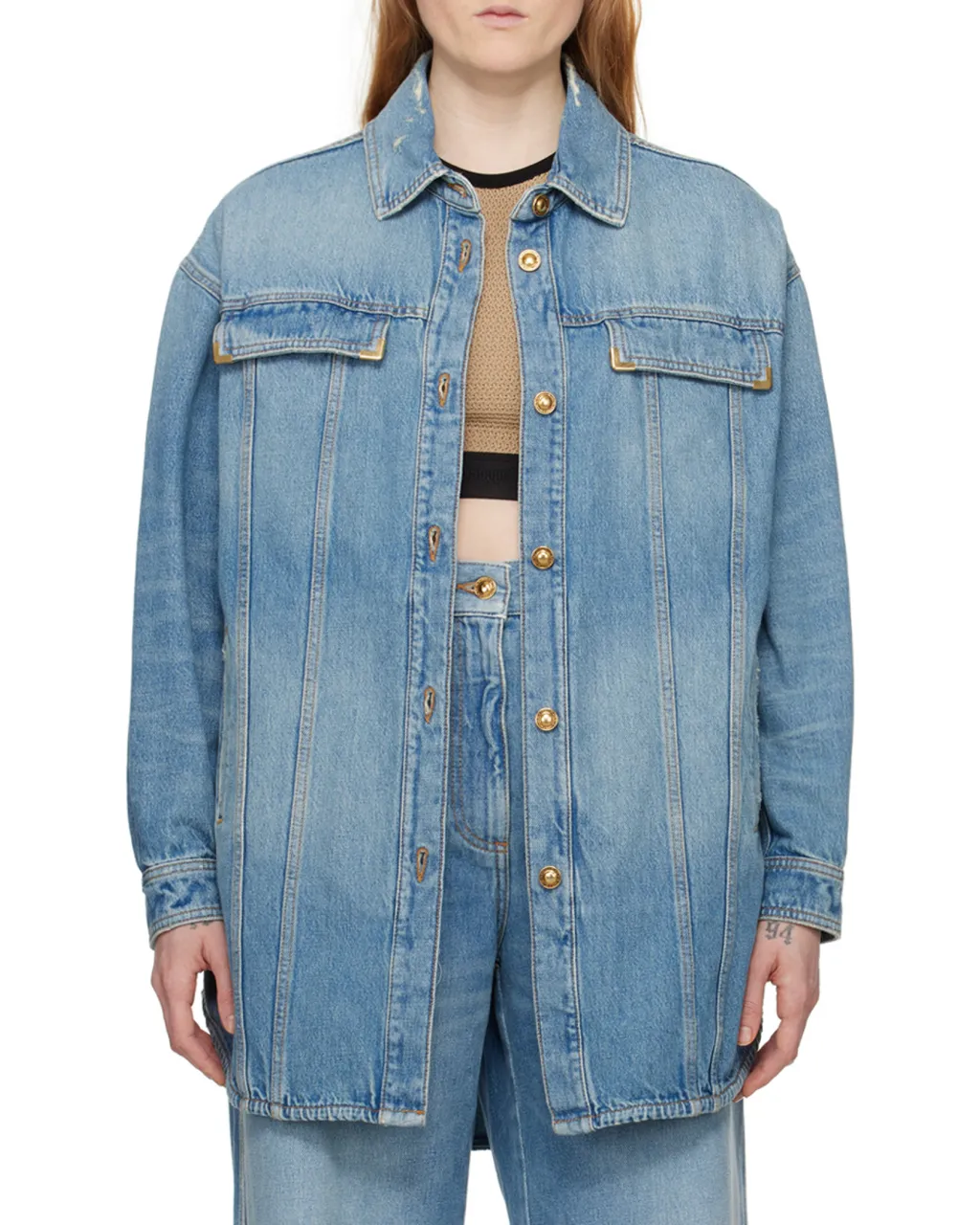 Curved Hem Buttoned Denim Shirt