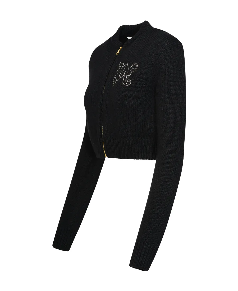Monogram Embellished Zipped Knitted Cardigan