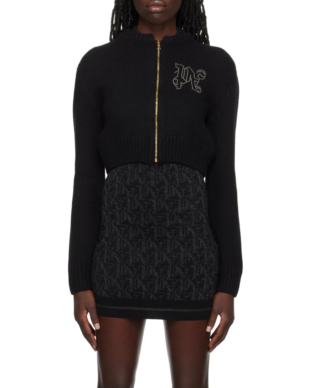 Monogram Embellished Zipped Knitted Cardigan