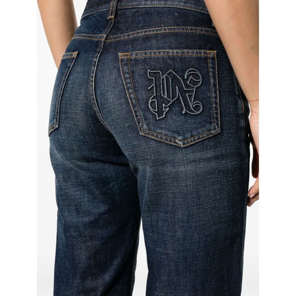 Logo-Embroidered Whiskering Effect Jeans