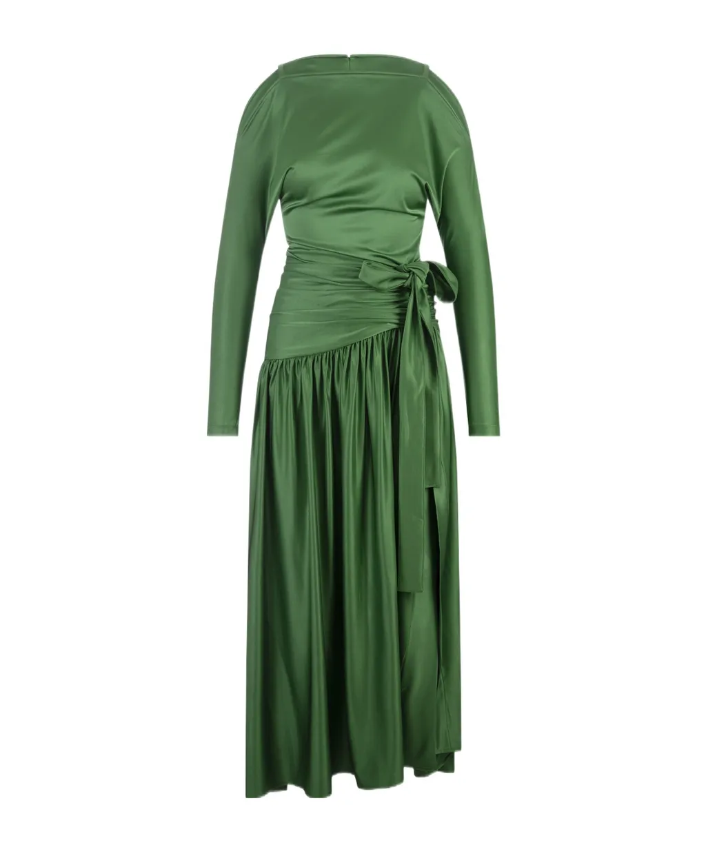 Bow-Detailed Gathered Satin Dress
