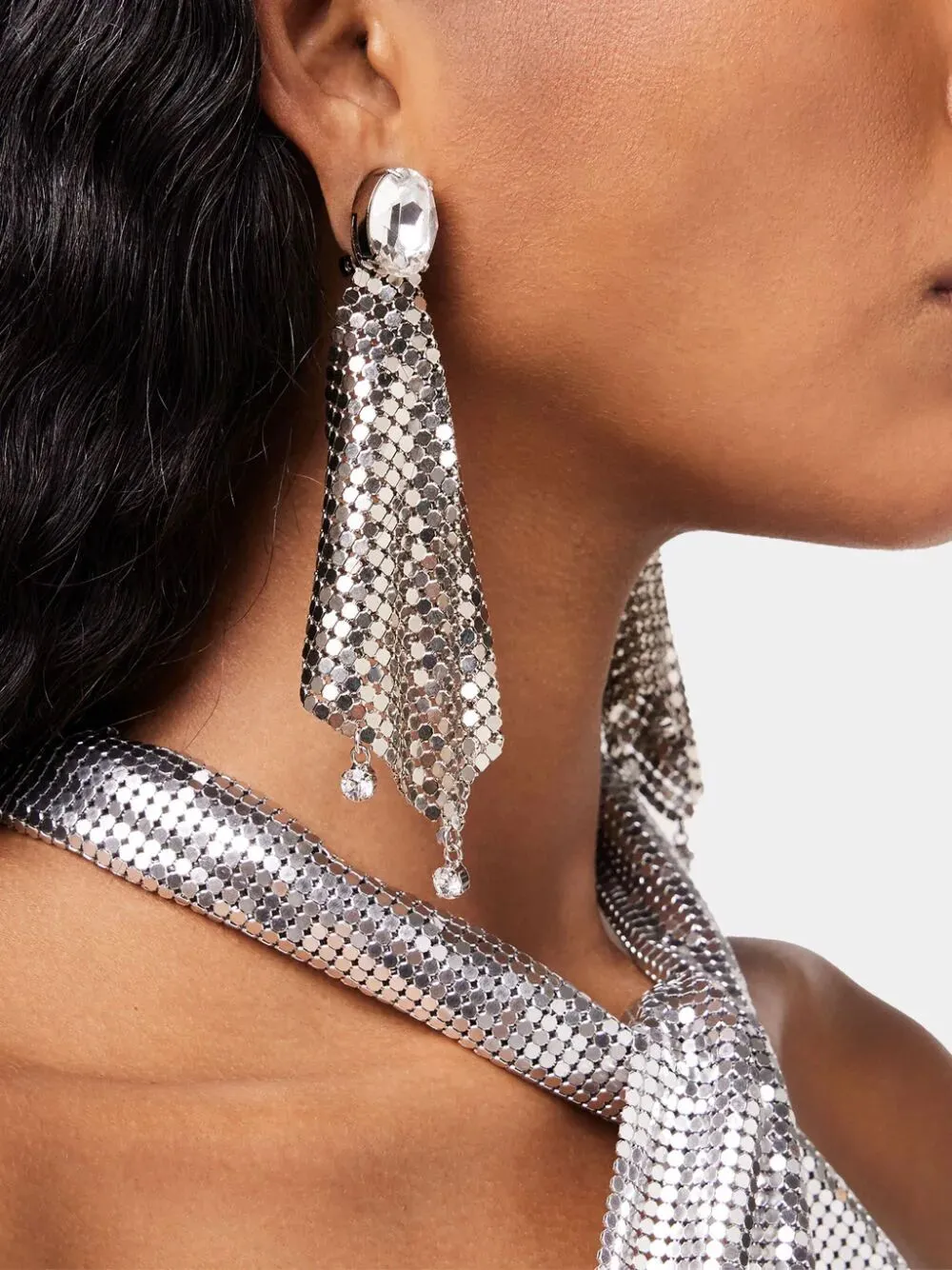 Crystal-Embellished Chainmail Drop Earrings