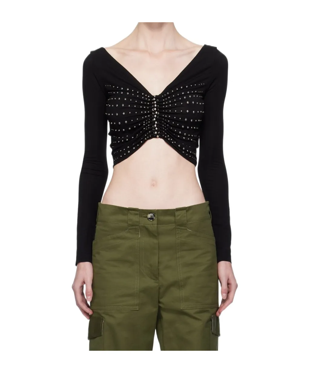 Embellished Cropped Long-Sleeve Top