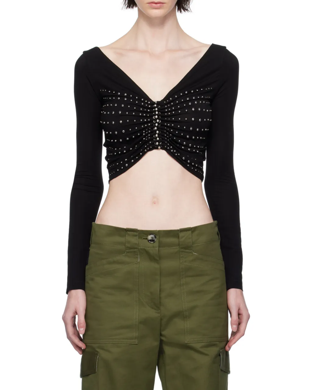 Embellished Cropped Long-Sleeve Top