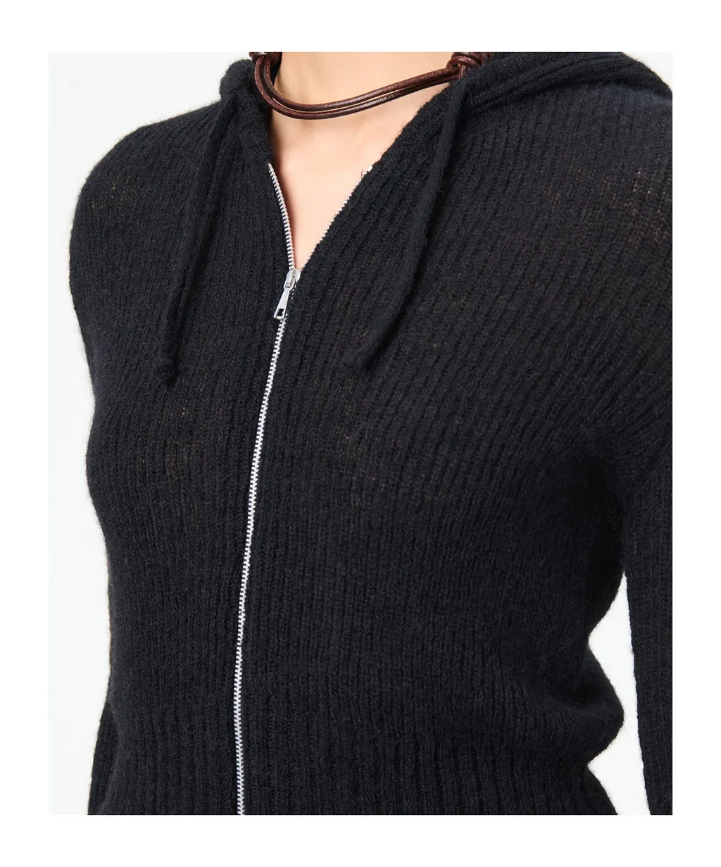 Compact Hood Knitted Zip-Up Cardigan