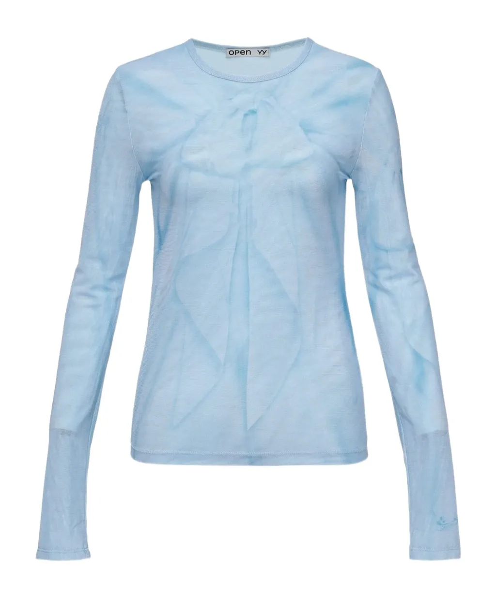 Ribbon Print Mesh Long-Sleeved T-Shirt