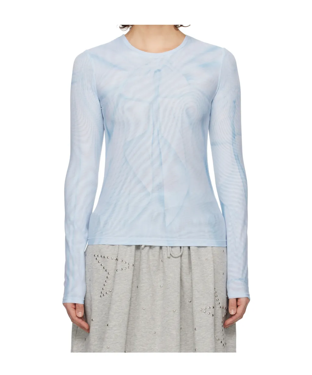 Ribbon Print Mesh Long-Sleeved T-Shirt