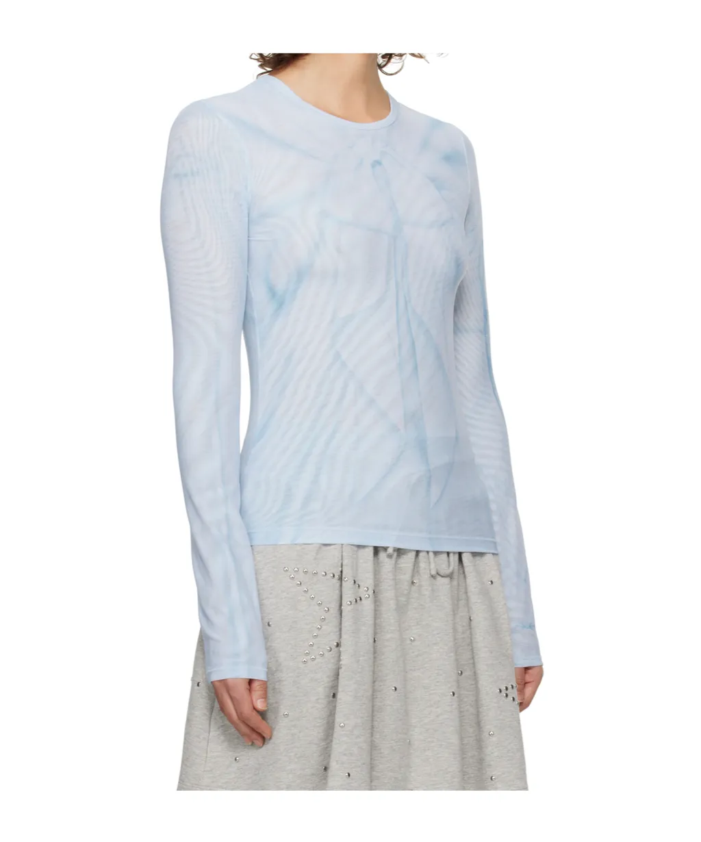 Ribbon Print Mesh Long-Sleeved T-Shirt