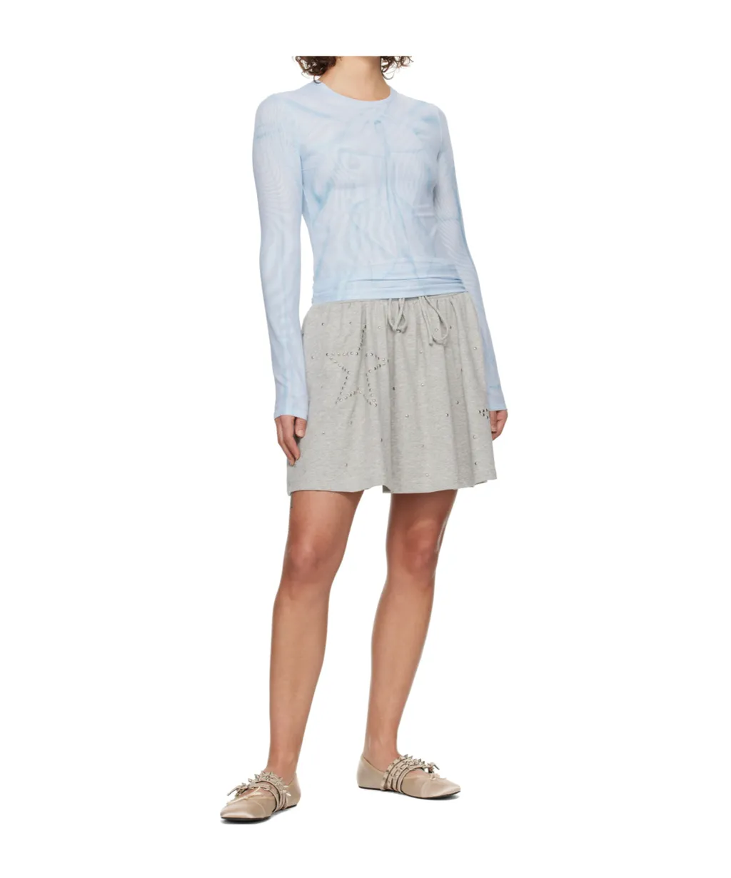 Ribbon Print Mesh Long-Sleeved T-Shirt