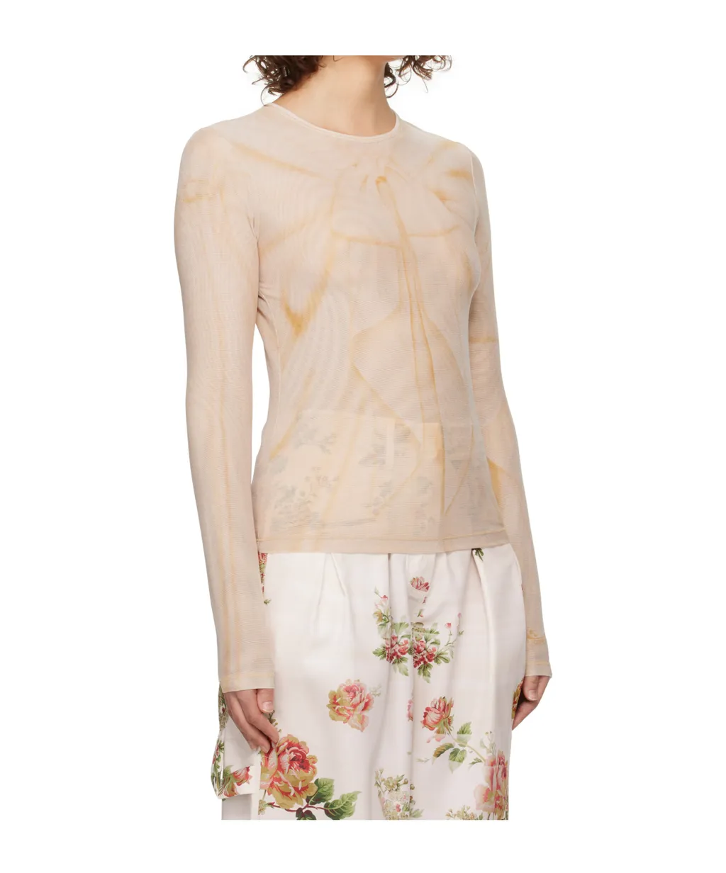 Ribbon Print Mesh Long-Sleeved T-Shirt