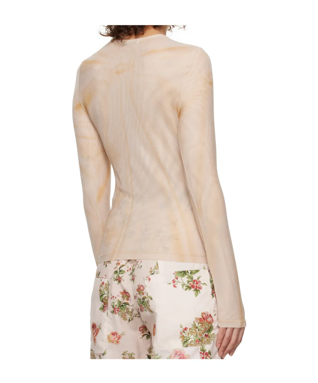 Ribbon Print Mesh Long-Sleeved T-Shirt
