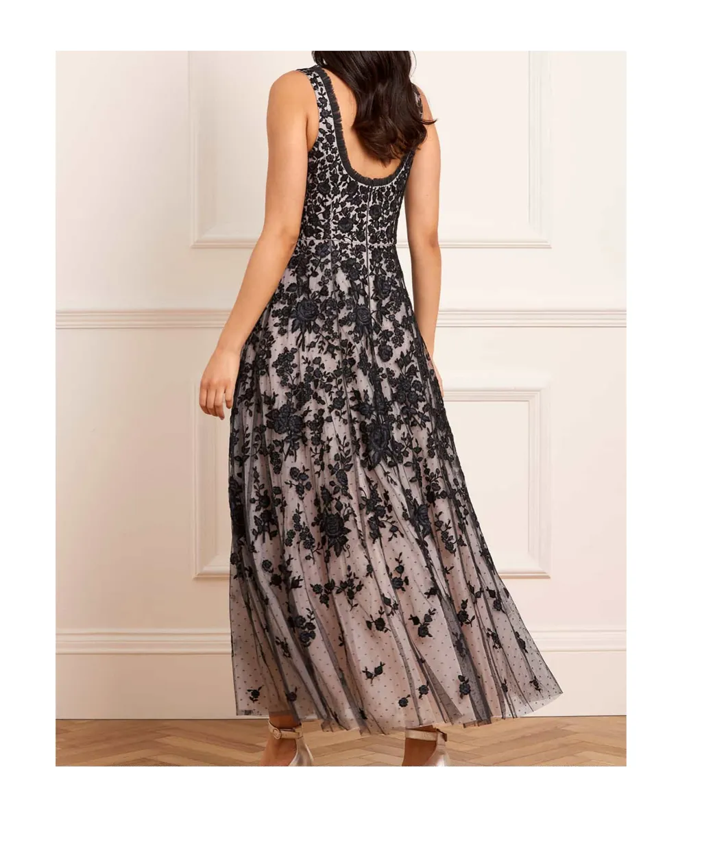 Embroidered-Flowers Scoop-Neck Maxi Dress