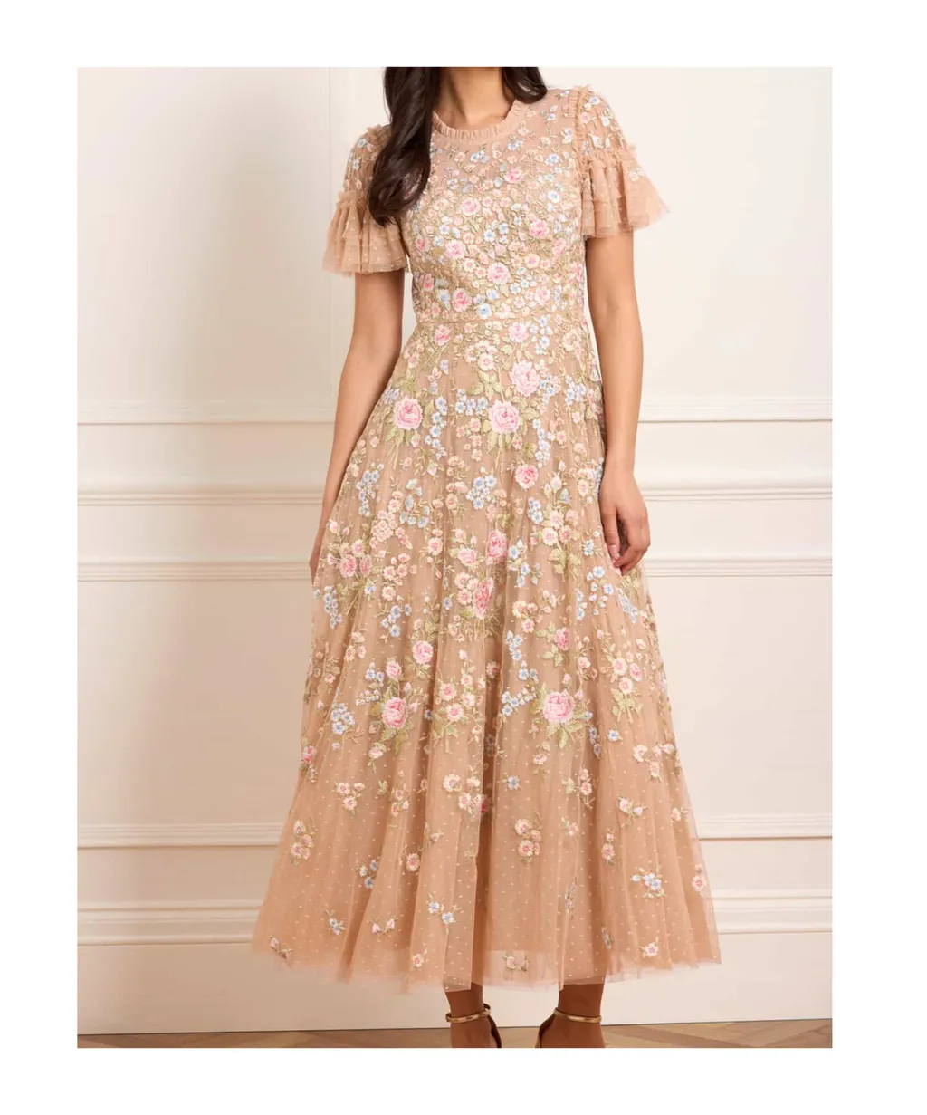 Antoinettes Embroidered-Sequins Ruffled Midi Dress