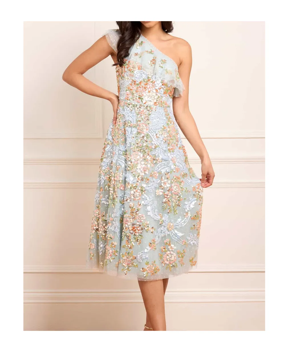 Ruffled One-Shoulder Sequin-Embellished Midi Dress
