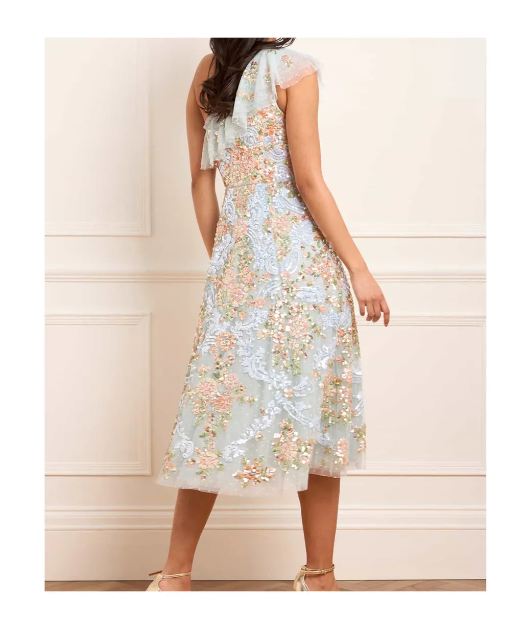 Ruffled One-Shoulder Sequin-Embellished Midi Dress