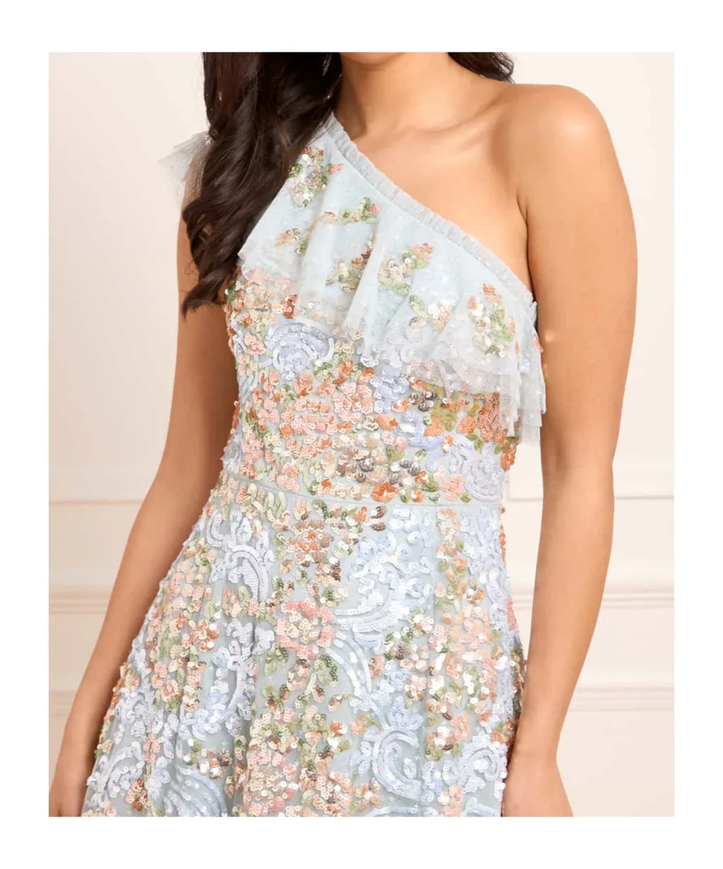 Ruffled One-Shoulder Sequin-Embellished Midi Dress