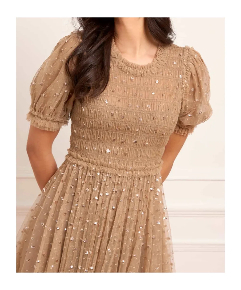 Sequin-Embellished Smocked Midi Dress