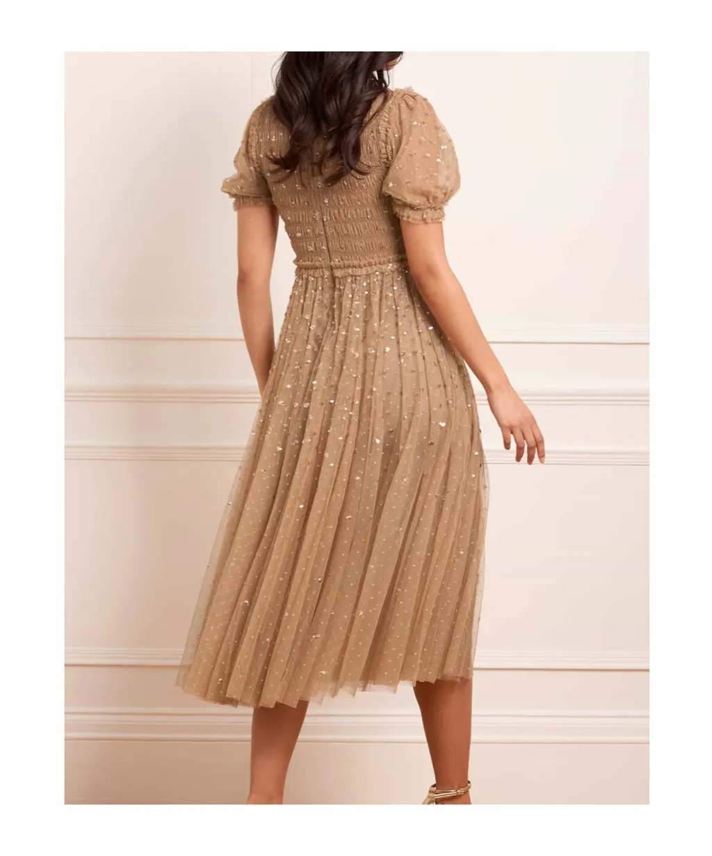 Sequin-Embellished Smocked Midi Dress