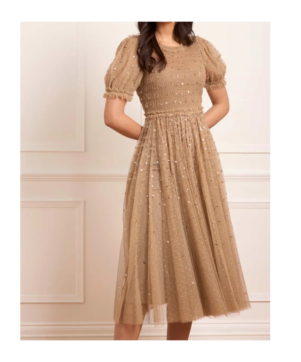 Sequin-Embellished Smocked Midi Dress