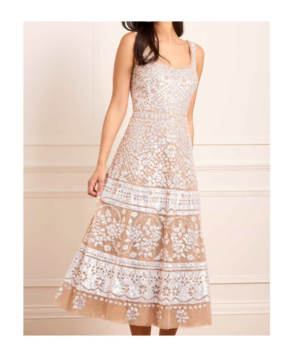 Sequin-Embellished Scoop-Neck Midi Dress