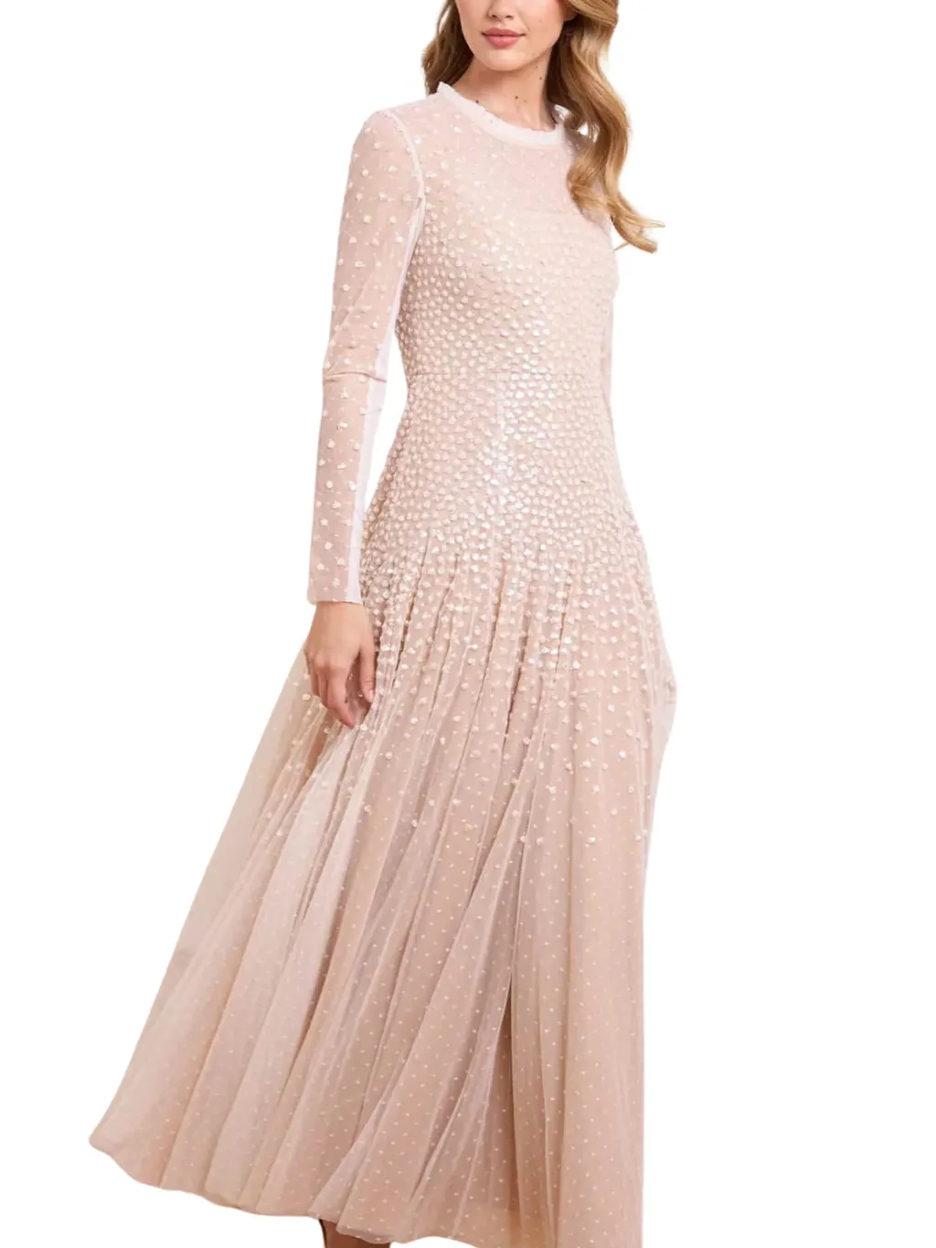 Sequin-Embellished Round-Neck Gown