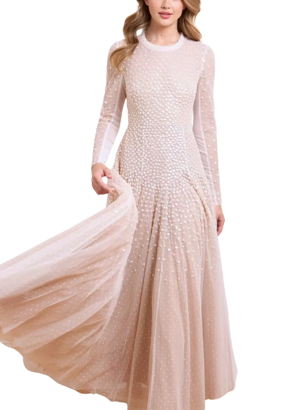 Sequin-Embellished Round-Neck Gown