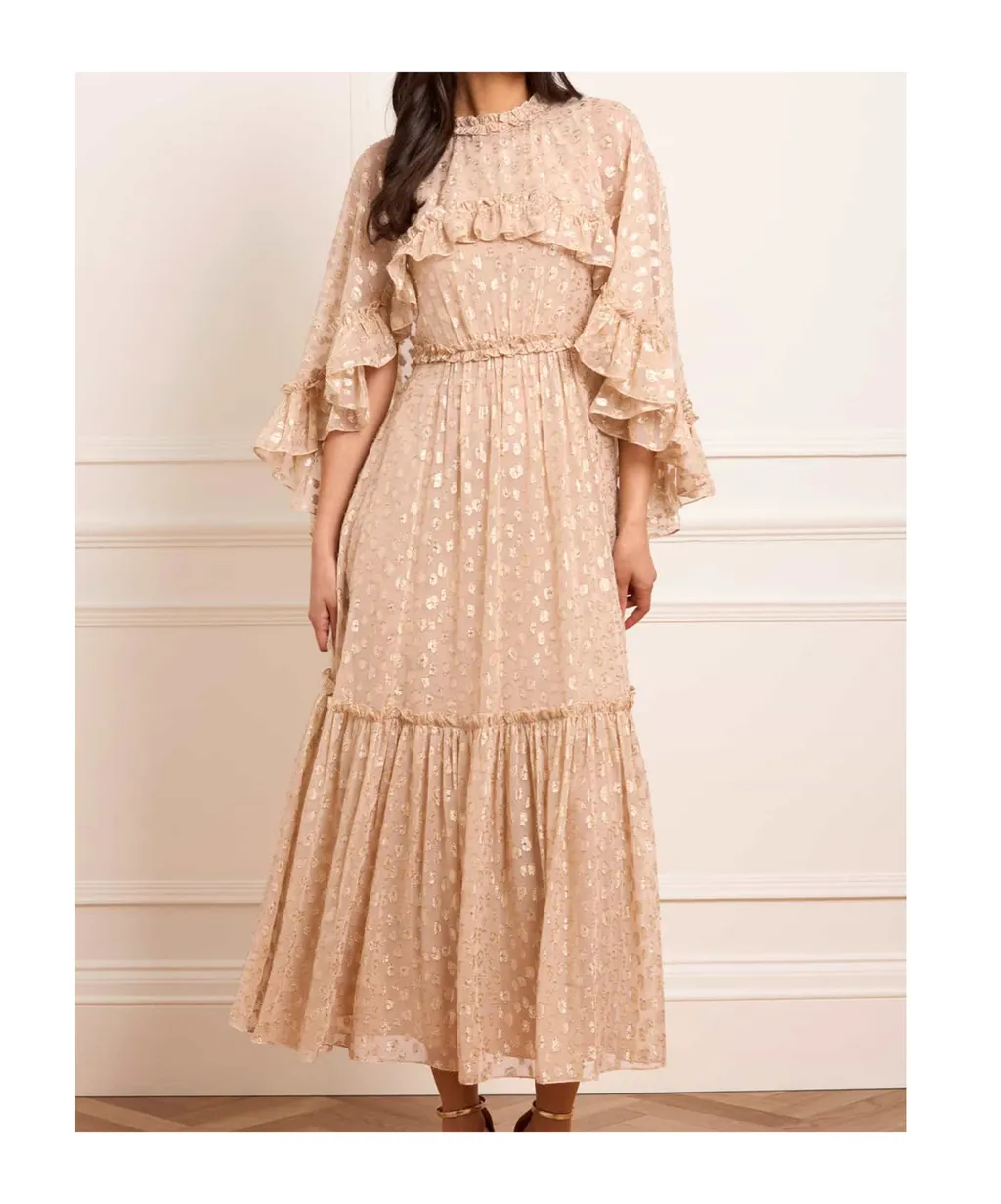 Harper Cape-Sleeve Ruffled Midi Dress