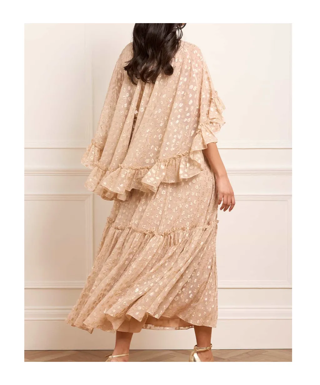 Harper Cape-Sleeve Ruffled Midi Dress