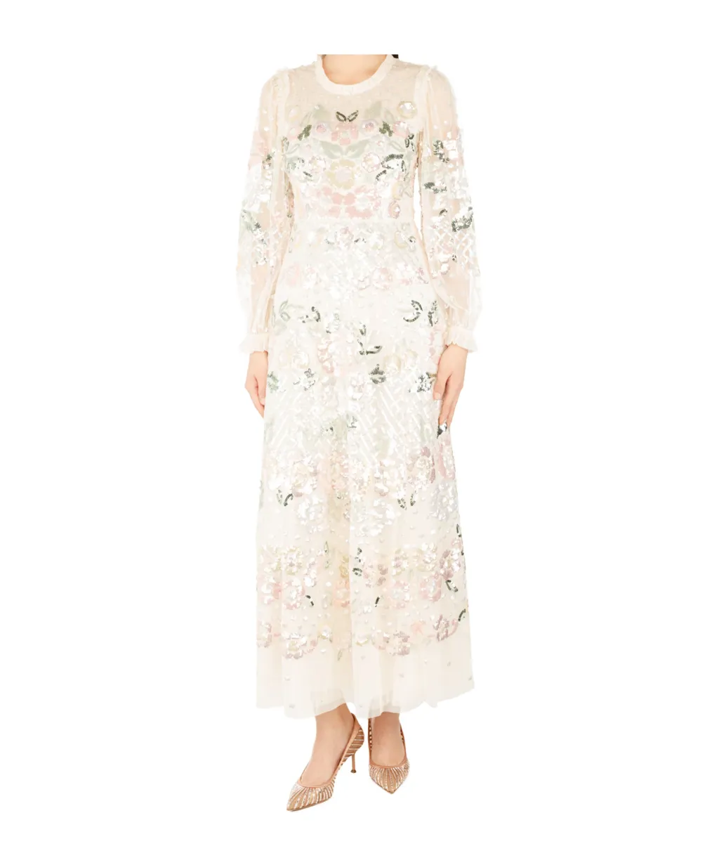 Rosalie Sequin-Embellished Long-Sleeve Gown